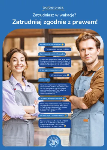 Infografika- legitna praca, na zdjęciu kobieta i mężczyzna, ubrani w fartuchy . W grafikę wkomponowany jest tekst . Zatrudniasz w wakacje? Zatrudniaj zgodnie z prawem